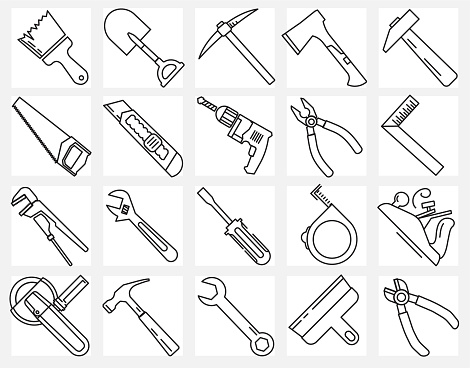 Modern linear pictogram of building tools. Set of concept line icons building tools. Construction, home repair tools. Repairs in the house. Construction company. Redevelopment of premises