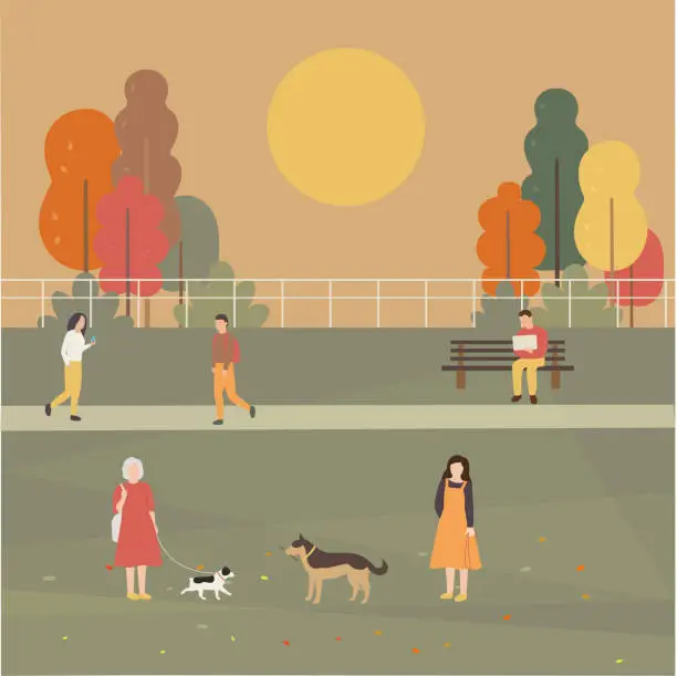 Vector illustration of Vector image people walking in the autumn park