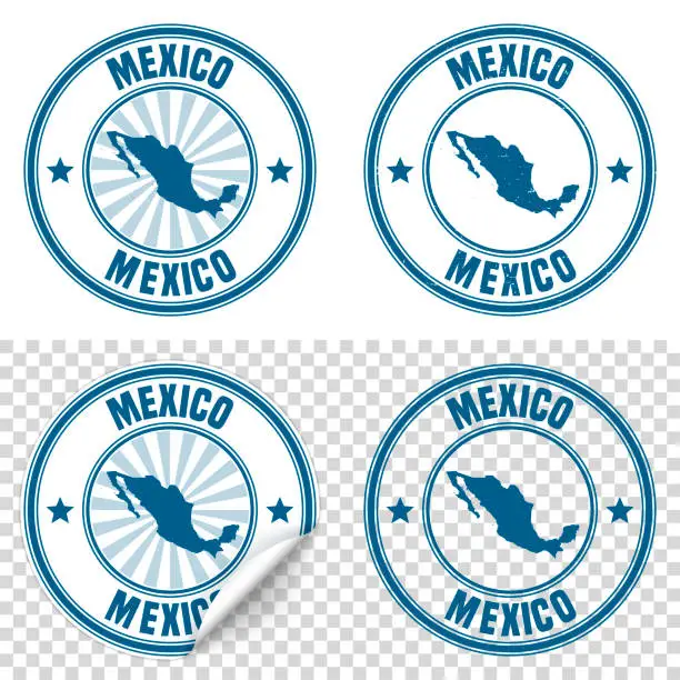 Vector illustration of Mexico - Blue sticker and stamp with name and map