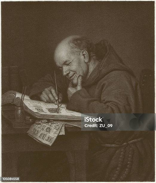 Kloster Begabung Lithographie 1873 Stock Vektor Art und mehr Bilder von Mönch - Mönch, Schreiben, Klosterbruder
