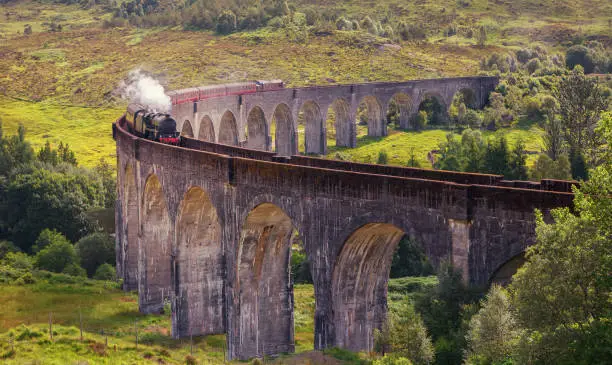 Glenfinnan railway viaduct in Scotland with the Jacobite steam train, located at the northern end of Loch Shiel of great scenic beauty, United Kingdom
