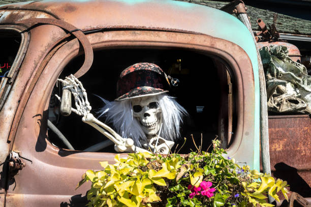 istock Halloween Skeleton decoration in an old truck 1050847414