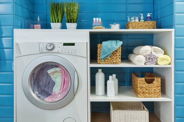 modern bathroom with washing machine - liquid soap blue plastic textile imagens e fotografias de stock