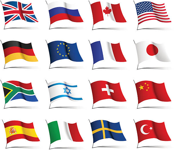 Set of flags from countries of different continents Set of flags. Glossy buttons. All elements and textures are individual objects. Vector illustration scale to any size. Transparent PNG version included. usa england stock illustrations
