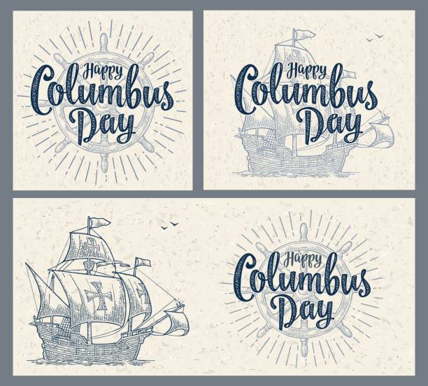Sailing ship floating on the sea waves. Caravel Santa Maria. Sailing ship floating on the sea waves. Caravel Santa Maria. Happy Columbus Day calligraphic handwriting lettering. Hand drawn design element. Vintage color vector engraving on craft paper texture replica santa maria ship stock illustrations