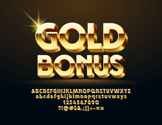 Vector glossy Sign Gold Bonus with Alphabet Luxury 3D Font. Chic Letters, Numbers and Symbols computer icon symbol set alphabet stock illustrations