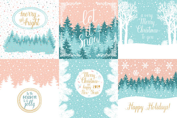 Merry and Bright Christmas, Happy Holidays, Happy New Year greeting cards set. Vector winter holidays backgrounds with hand lettering calligraphic, christmas tree branches, snowflakes, falling snow. Merry and Bright Christmas, Happy Holidays, Happy New Year greeting cards set. Vector winter holidays backgrounds with hand lettering calligraphic, christmas tree branches, snowflakes, falling snow. happy holidays short phrase illustrations stock illustrations