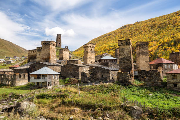 Svan towers Ushguli village and typical defensive towers, Upper Svaneti, Georgia georgia country stock pictures, royalty-free photos & images
