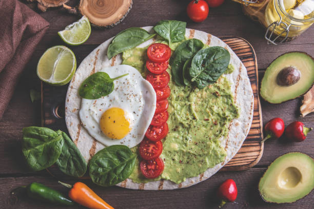 istock tortilla with guacamole avocado, fried egg and tomato, spinach leaves. vegetarian dish 1050859720