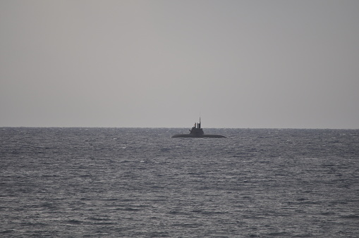 The beautiful warship on sea.