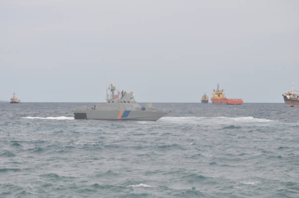 istock The beautiful warship on sea. 1050860370