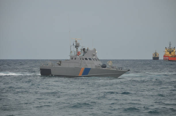The beautiful warship on sea.