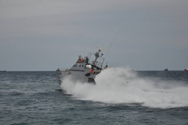istock The beautiful warship on sea. 1050863550