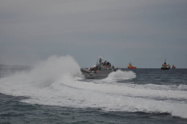 istock The beautiful warship on sea. 1050863874