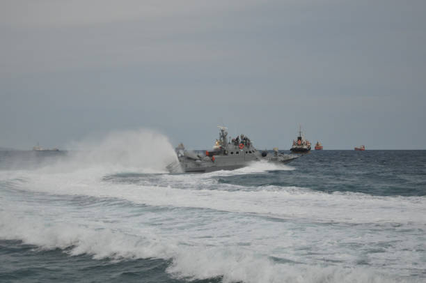 istock The beautiful warship on sea. 1050863880