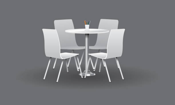 weiße moderne runder tisch mit stühlen. vektor-illustration. - stuhl stock-grafiken, -clipart, -cartoons und -symbole