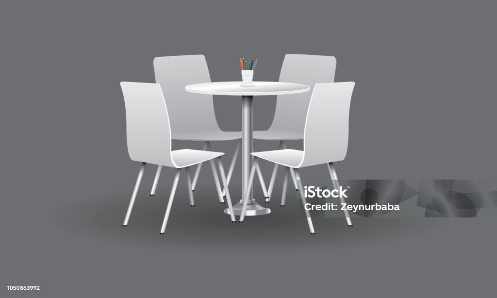 Table ronde blanche moderne avec des chaises. Illustration vectorielle. - clipart vectoriel de Table libre de droits