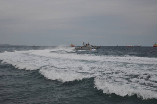 istock The beautiful warship on sea. 1050864004