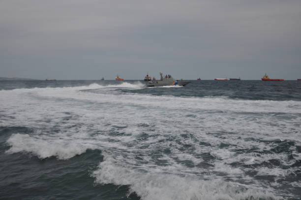 istock The beautiful warship on sea. 1050864022