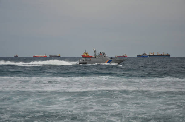 istock The beautiful warship on sea. 1050864164