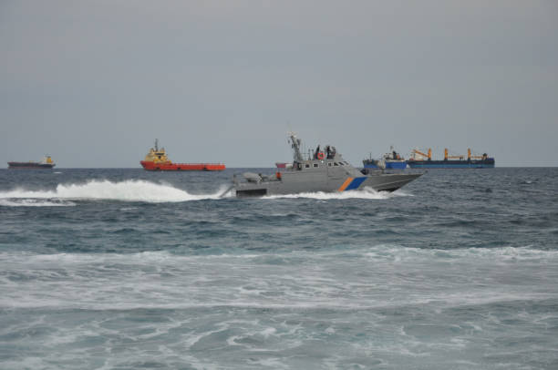istock The beautiful warship on sea. 1050864172