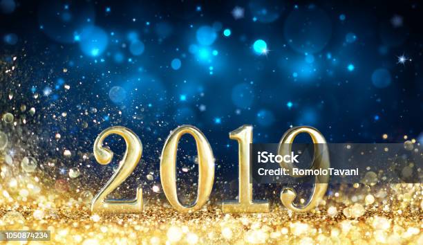 Happy New Year 2019 Glitter Golden Dust Stock Photo - Download Image Now - Backgrounds, New Year's Eve, Glittering