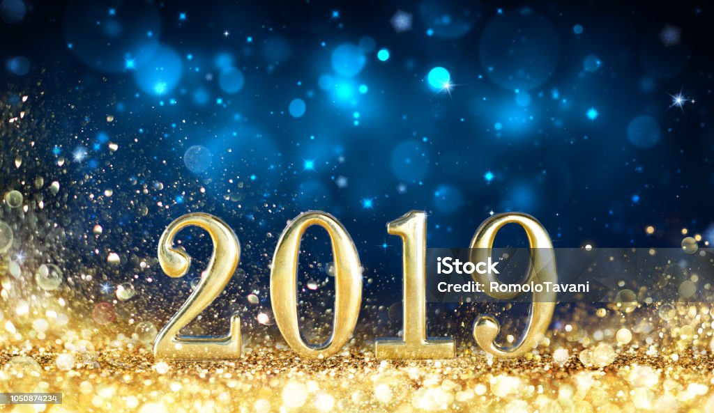 Feliz ano novo 2019 - brilho pó dourado - Foto de stock de Plano de Fundo royalty-free