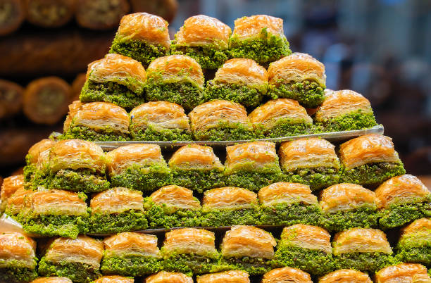 Baklava cake - Pistachio Mediterranean dessert stock photo