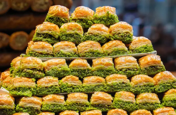 Close-up Baklava cake - Pistachio Mediterranean dessert