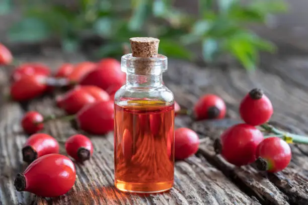 A bottle of rosehip seed oil with fresh rosehips on a table