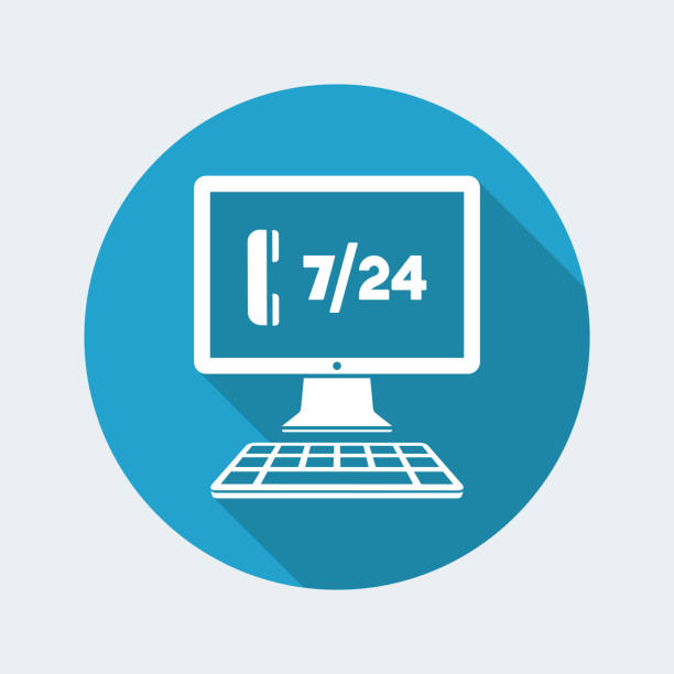 Full time 7/24 call center application - Vector flat icon Flat and isolated vector illustration on blue round icon with modern design and long shadow succor stock illustrations