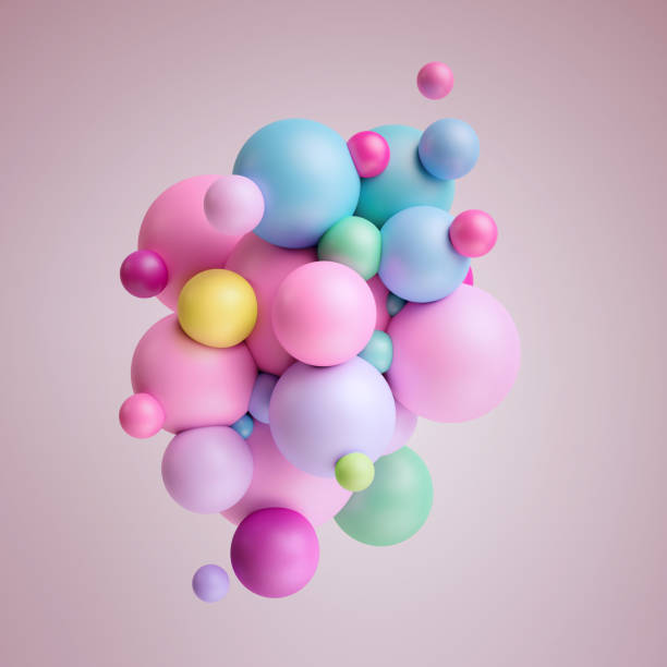 3d render, abstract pink pastel balls, multicolored balloons, candy, geometric background, primitive shapes, minimalistic design, party decoration, plastic toys, isolated elements - balão enfeite imagens e fotografias de stock
