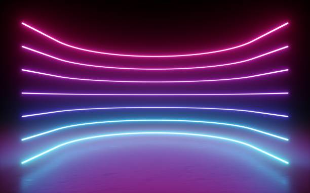 3d render, abstract background, neon lights, glowing lines, round curves, arch, virtual reality, pink blue spectrum vibrant colors, laser show