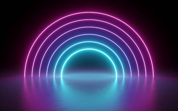 istock 3d render, abstract background, neon lights, glowing lines, round portal, arch, virtual reality, tunnel, pink blue spectrum vibrant colors, laser show 1050882598