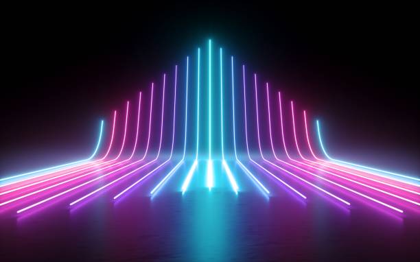 istock 3d render, abstract minimal background, glowing lines going up, arrow, cyber, chart, pink blue neon lights, ultraviolet spectrum, laser show 1050882622