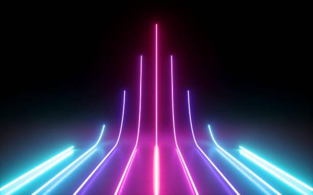 istock 3d render, abstract minimal background, glowing lines going up, arrow, cyber, chart, pink blue neon lights, ultraviolet spectrum, laser show 1050882772