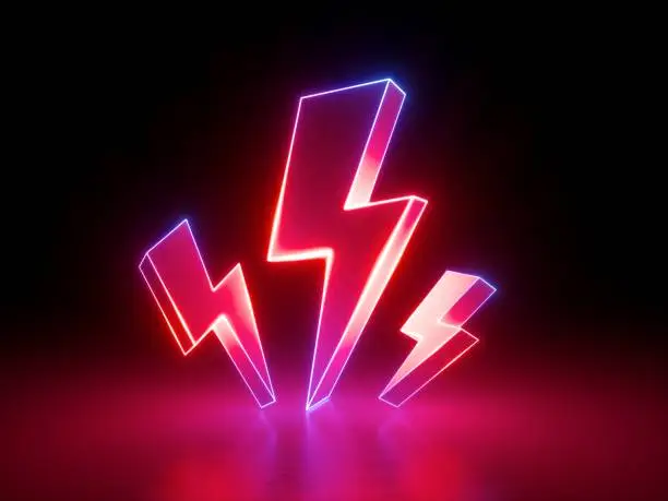 Photo of 3d render, red flash lightnings, electric power symbol, retro neon glowing sign isolated on black background, ultraviolet light, electricity, electric lamp, adult sex icon, fluorescent element