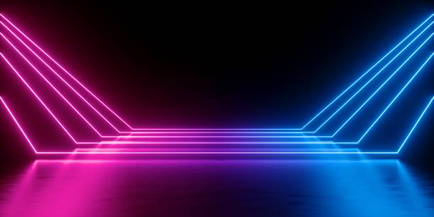 istock 3d render, abstract minimal background, glowing lines, blank space, pink blue neon lights, ultraviolet spectrum, virtual reality corridor, laser show 1050883166