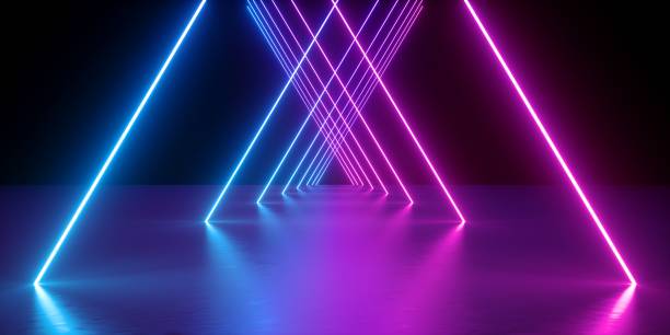 3 d のレンダリング、ネオン、抽象的な背景、光るライン、仮想現実、紫の三角アーチ、紫外線、赤外線、スペクトルの鮮やかな色、レーザー ショー - led pattern in a row blue ストックフォトと画像