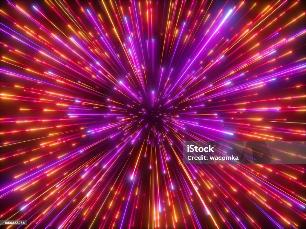3d render, red sparkling fireworks, big bang, galaxy, abstract cosmic background, falling stars, celestial cosmos, beauty of universe, speed of light, neon infrared light, outer space, glow Astronomy Stock Photo