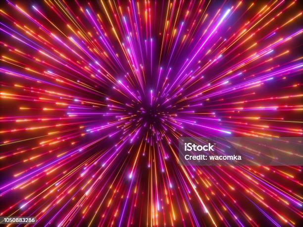 3d Render Red Sparkling Fireworks Big Bang Galaxy Abstract Cosmic Background Falling Stars Celestial Cosmos Beauty Of Universe Speed Of Light Neon Infrared Light Outer Space Glow Stock Photo - Download Image Now