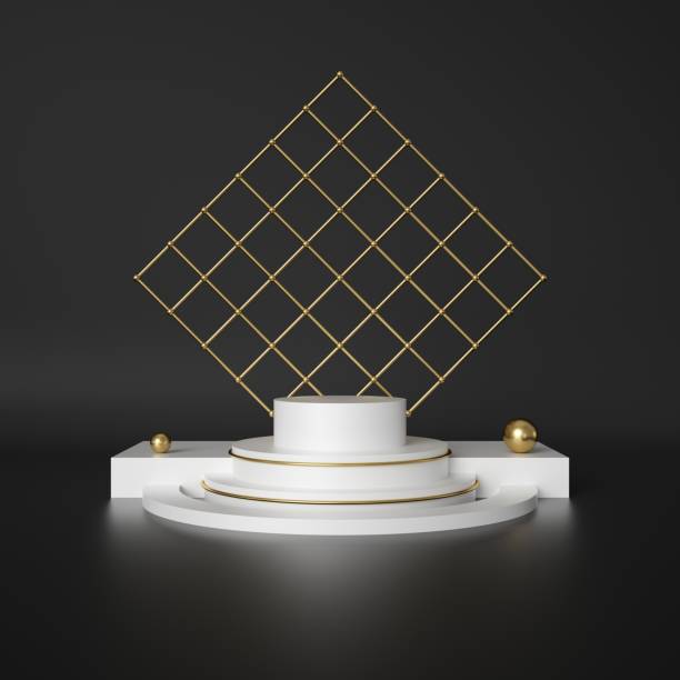 istock 3d render, abstract geometric background, cylinder podium, minimalistic primitive shapes, modern mock up, blank template, gold metal grid, mesh, empty showcase, shop display 1050885890