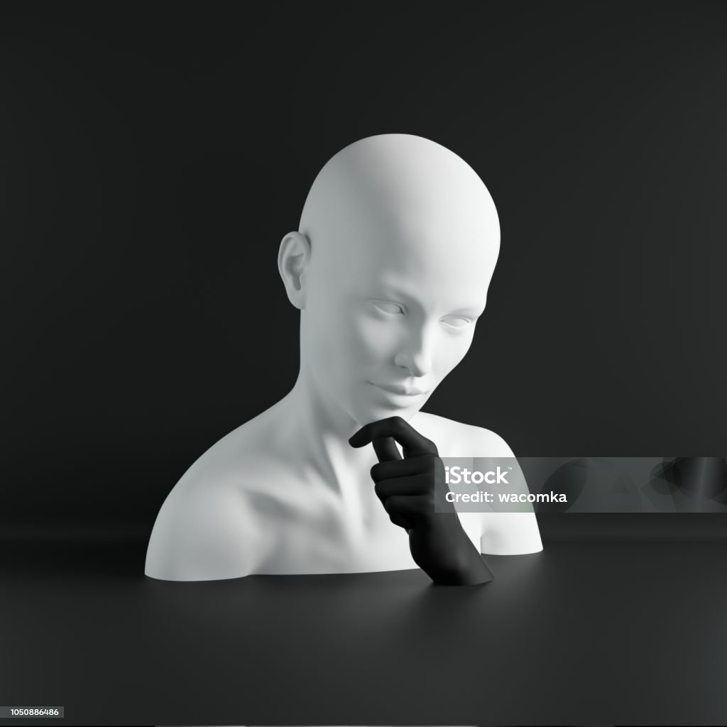 3D Render, weiße weibliche Schaufensterpuppe Kopf, Hand, Modekonzept, isoliertes Objekt, schwarzer Hintergrund, Schaufenster, Körperteile, Pastell-Farben - Lizenzfrei Dreidimensional Stock-Foto