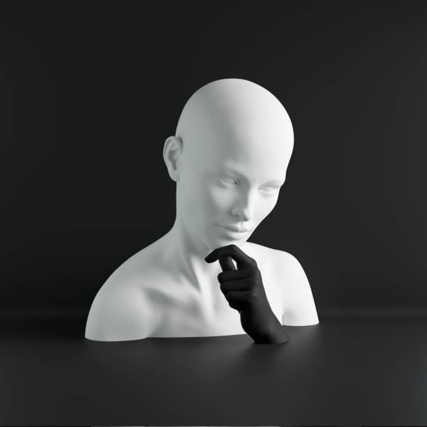 render 3d, kepala manekin wanita putih, tangan, konsep mode, objek terisolasi, latar belakang hitam, tampilan toko, bagian tubuh, warna pastel - black and white body potret stok, foto, & gambar bebas royalti