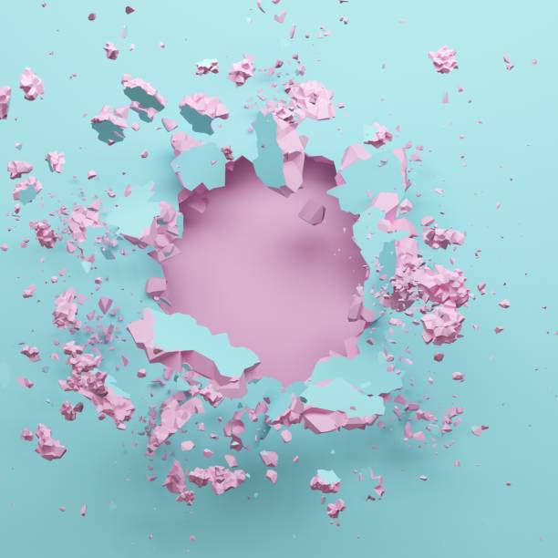3d render, pastel pink blue broken wall, abstract fashion background, blank space for text, explosion, bullet hole, destruction, digital illustration