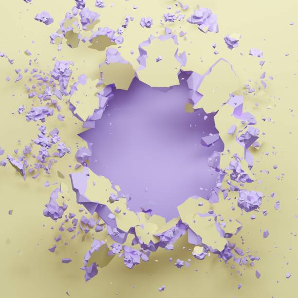 istock 3d render, pastel yellow violet broken wall, abstract fashion background, blank space for text, explosion, bullet hole, destruction, digital illustration 1050886606