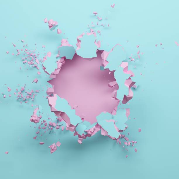 istock 3d render, pastel pink blue broken wall, abstract fashion background, blank space for text, explosion, bullet hole, destruction, digital illustration 1050886664