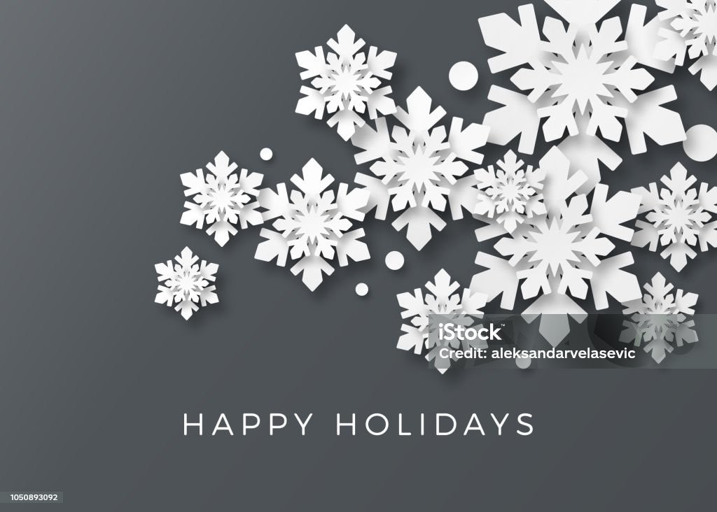 Holiday Card with Paper Snowflakes Holiday, Christmas background with 3d paper cutout snowlakes. Corporate Holiday card. Snowflake Shape stock vector