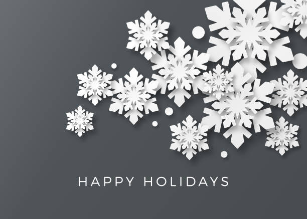 Holiday Card with Paper Snowflakes Holiday, Christmas background with 3d paper cutout snowlakes. Corporate Holiday card. snowflake shape illustrations stock illustrations