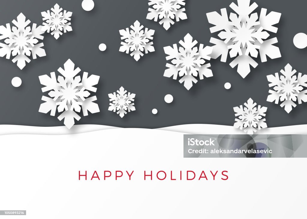 Holiday Card with Paper Snowflakes Holiday, Christmas background with 3d paper cutout snowlakes. Corporate Holiday card. Backgrounds stock vector